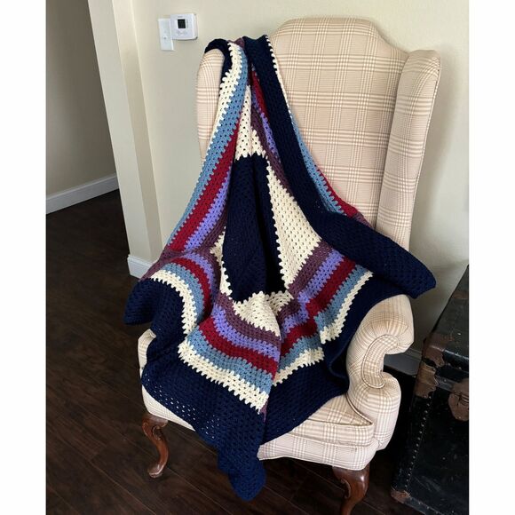 Crocheted Afghan Throw Blanket Handmade Square Country Farmhouse - Picture 1 of 4